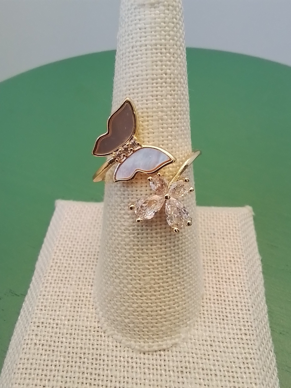 Pretty Bird Gold Butterfly and CZ Floral Open Ring